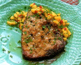 Tonijn met korianderkorst en mangosalsa recept