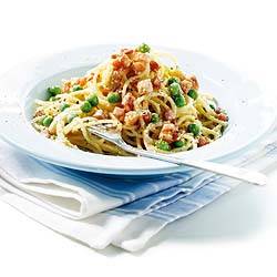 Spaghetti carbonara met doperwten recept