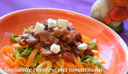 Tagliatelle tricolore met tomatensaus en vegetarische speckjes ...