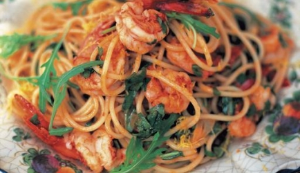 Spaghetti con gamberetti e rucola recept