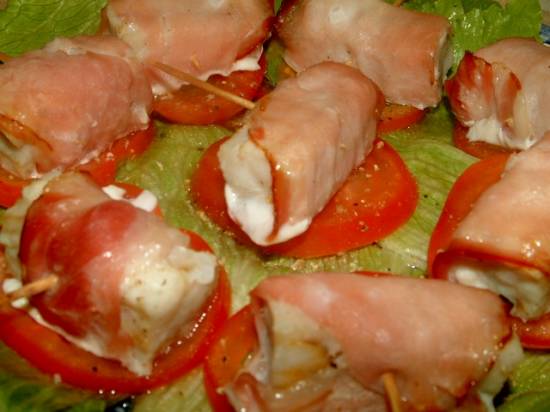 Asiatisch stukjes vis gerold in bacon recept