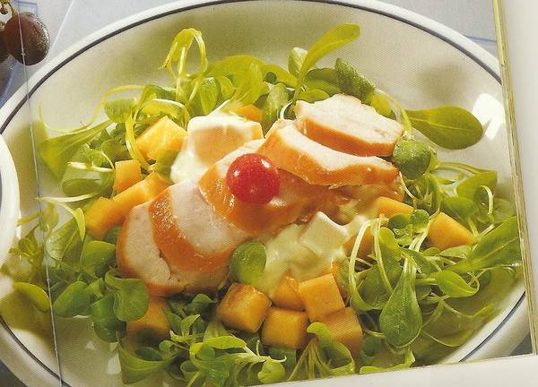 Zomerse salade met gerookte kip en meloen recept