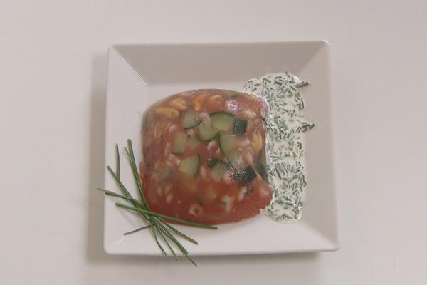 Terrine van tomaat met mosseltjes en grijze garnalen