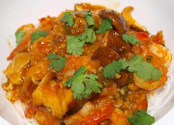 Zoetzure chili-garnalen met pit recept
