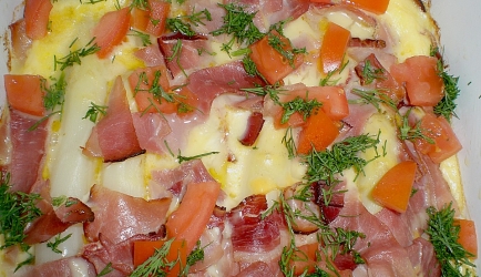 Gegratineerde asperges, tomaten, rauwe ham recept