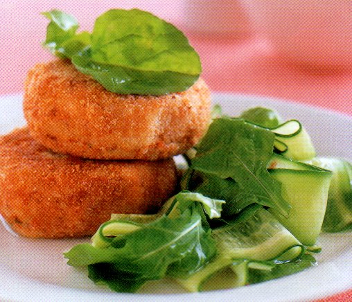 Zalmkoekjes met komkommer en rucola recept