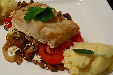 Verse kabeljauw filet met champignons, ui en salie-aardappel ...