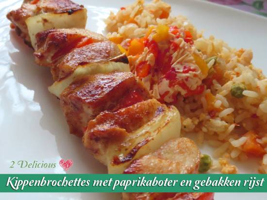 Kippenbrochettes met paprikaboter en gebakken rijst recept ...